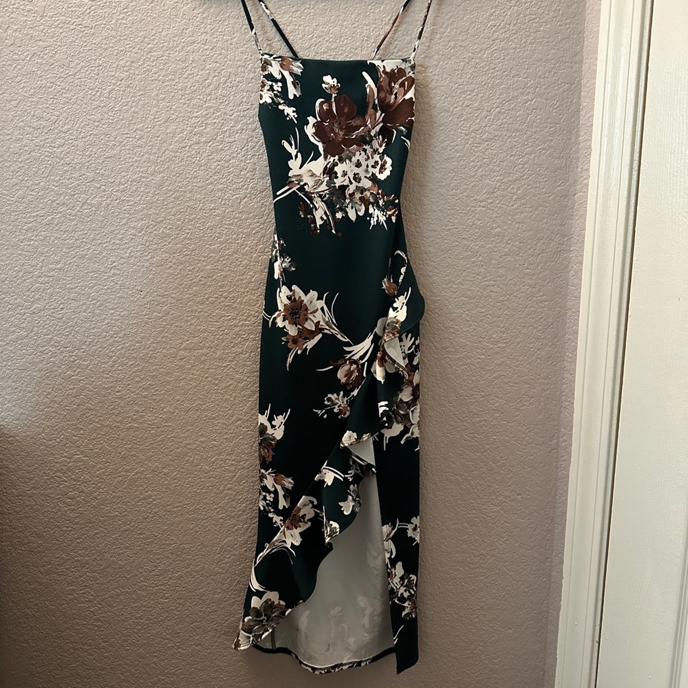 Windsor Green and White Midi Ruffle Slit Dress